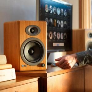 Brown Speaker in front of a TV
